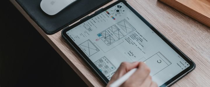 Mano dibujando un wireframe en una tablet